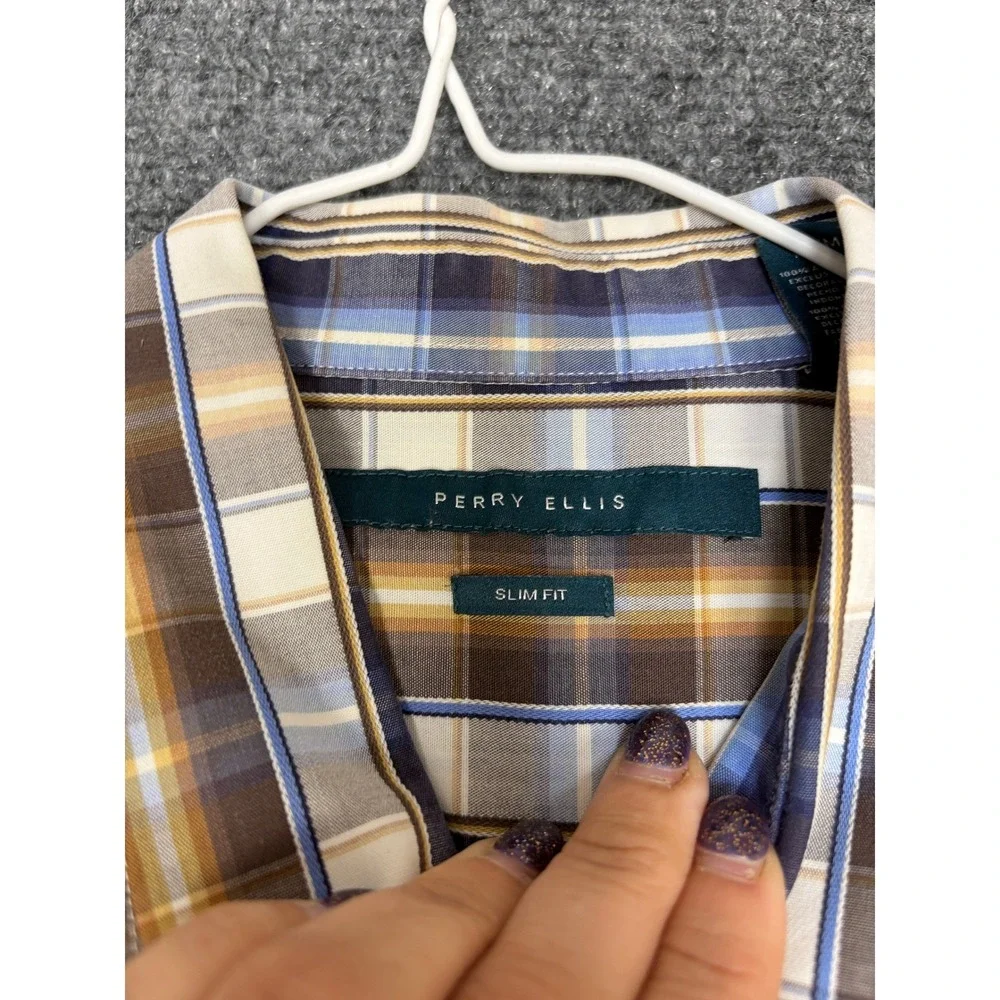 Perry Ellis Button Down Shirt Mens Medium Blue Brown Plaid Slim Fit Long Sleeve